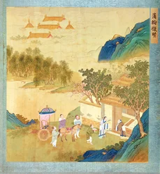 Emperor Wu Ti (156-87 BC, r. 141-87 BC) welcoming a man of letters, from a history of Chinese emperors